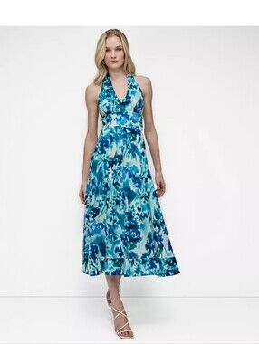 DKNY Blue Halter Maxi Dress Size 12 Tie Dye Print Plunge Neck Backless Summer